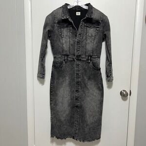 Wash Lab Grey Denim Button‎ Down Dress Size L Collared Pockets Frayed Midi Maxi
